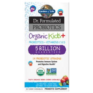 Garden of Life, Dr. Formulated Probiotics, Organic Kids + Probiotics + Vitamins C & D, 5 Billion Guaranteed, 14 Probiotic Strains, Promotes Immune System and Digestive Health, USDA Organic, NON GMO, Tasty Organic Berry Cherry Chewable, Gluten Free, Dairy Free, Soy Free, No Sugar Added, 30 Yummy Chewables, Probiotic Supplement
