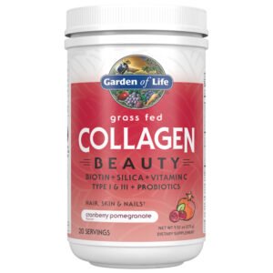 Garden of Life, Collagen Beauty, Biotin + Silica + Vitamin C, Type I & II + Probiotics, Grass Fed, Hair, Skin & Nails, Cranberry Pomegranate, 20 Servings, Net Wt. 9.53 oz (270g), Dietary Supplement