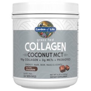 Garden of Life, Grass Fed Collagen Coconut MCT, 10g Collagen + 3g MCTs + Probiotics, Energy, Hair, Skin, Nails 7 Joints, Fair Trade Chocolate, Dairy Free, 24 Servings, Net wt. 14.81 oz (420g), Dietary Supplement