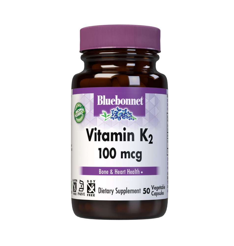 Bluebonnet, Vitamin K2 100mcg, Menaquinone-7 (MK-7), Dietary Supplement, NON GMO, Soy Free, Vegan, Kosher, Gluten Free, 50 Vegetable Capsules