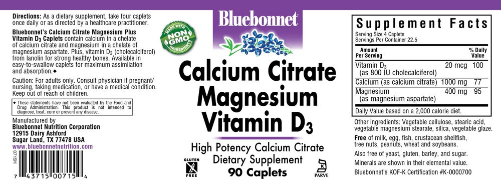 Bluebonnet, Calcium Citrate Magnesium Vitamin D3, High Potency Calcium Citrate, Dietary Supplement, 90 Caplets, Gluten Free, NON GMO, Kosher - Image 2