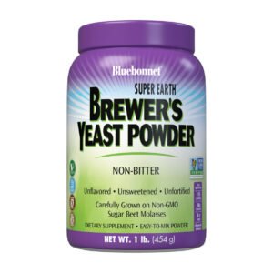 Bluebonnet, Brewer's Yeast Powder, Non-Bitter, Unflavored, Unsweetened, Unfortified, Carefully Grown on Sugar Beet Molasses, Dietary Supplement, Easy-To-Mix Powder, Net Wt. 1 lb (454g), Vegan, Kosher, Gluten Free, Soy Free, NON GMO