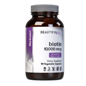Bluebonnet, Beautiful Ally, Biotin 10,000mcg, Strengthen Hair & Nails, Dietary Supplement, 90 Vegetable Capsules, NON GMO, Gluten Free, Vegan, Kosher