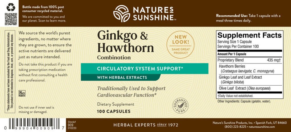 Nature's Sunshine, Gingko & Hawthorn Combination, Supports Blood Circulation, Contains Herbs Traditionally Used to Support Heart Muscle Function, Herbal Dietary Supplement, 100 Capsules - Image 2