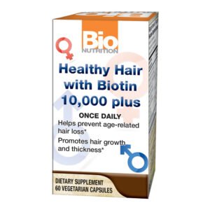 Bio Nutrition, Healthy Jair with Biotin 10,000 plus, Once Daily, Helps Prevent Hairloss, Promotes Hair Growth and Thickness, Dietary Supplement, 60 Vegetarian Capsules, 10 mg Biotin
